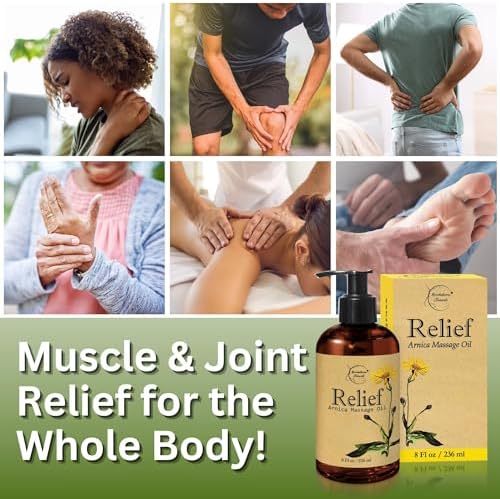 Relief Arnica Massage Oil – Great for Sports & Athletic Therapeutic Massage – All Natural - Arnica Montana for Sore Muscle Relief. Contains Sweet Almond, Jojoba, Grapeseed & Essential Oils 8oz Brookethorne Naturals