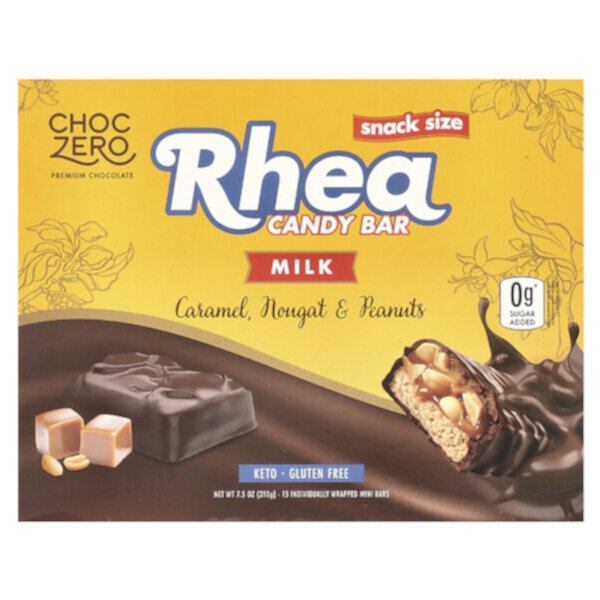 Rhea Candy Bar, Milk Chocolate, Caramel, Nougat & Peanuts, 15 Mini Bars, 7.5 oz (Унции) (210 g) ChocZero