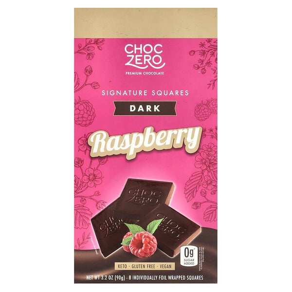 Signature Squares, Dark Chocolate, Raspberry, 8 Individually Foil Wrapped Squares, 3.2 oz (Унции) (90 g) ChocZero