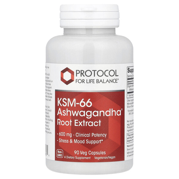 KSM-66 Ashwagandha® Root Extract, 600 mg, 90 Veg Capsules (Вегетарианские капсулы) Protocol for Life Balance