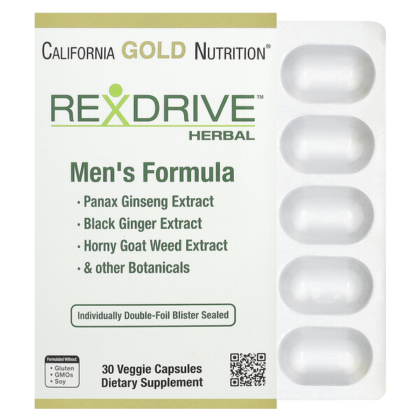 Rexdrive™ Herbal,  формула, 30 вегетарианских капсул с женьшенем и черным имбирем California Gold Nutrition