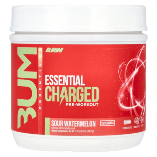 Bum Essentials, Essential Charged Pre-Workout, Sour Watermelon, 0.92 lb (Фунты) (418.75 g) Raw Nutrition