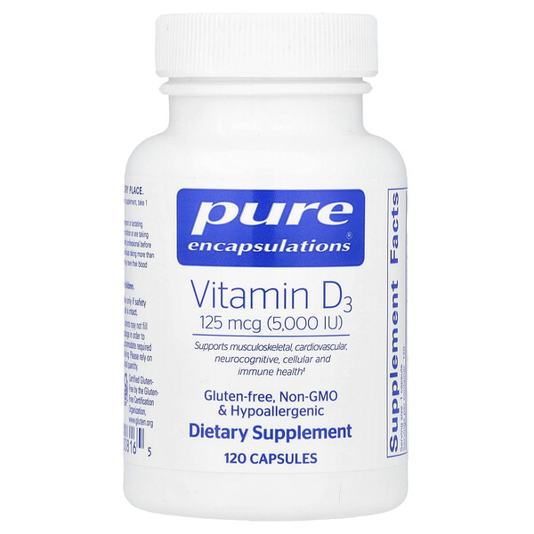 Vitamin D3, 125 mcg (5,000 IU), 120 Capsules (Капсулы) Pure Encapsulations