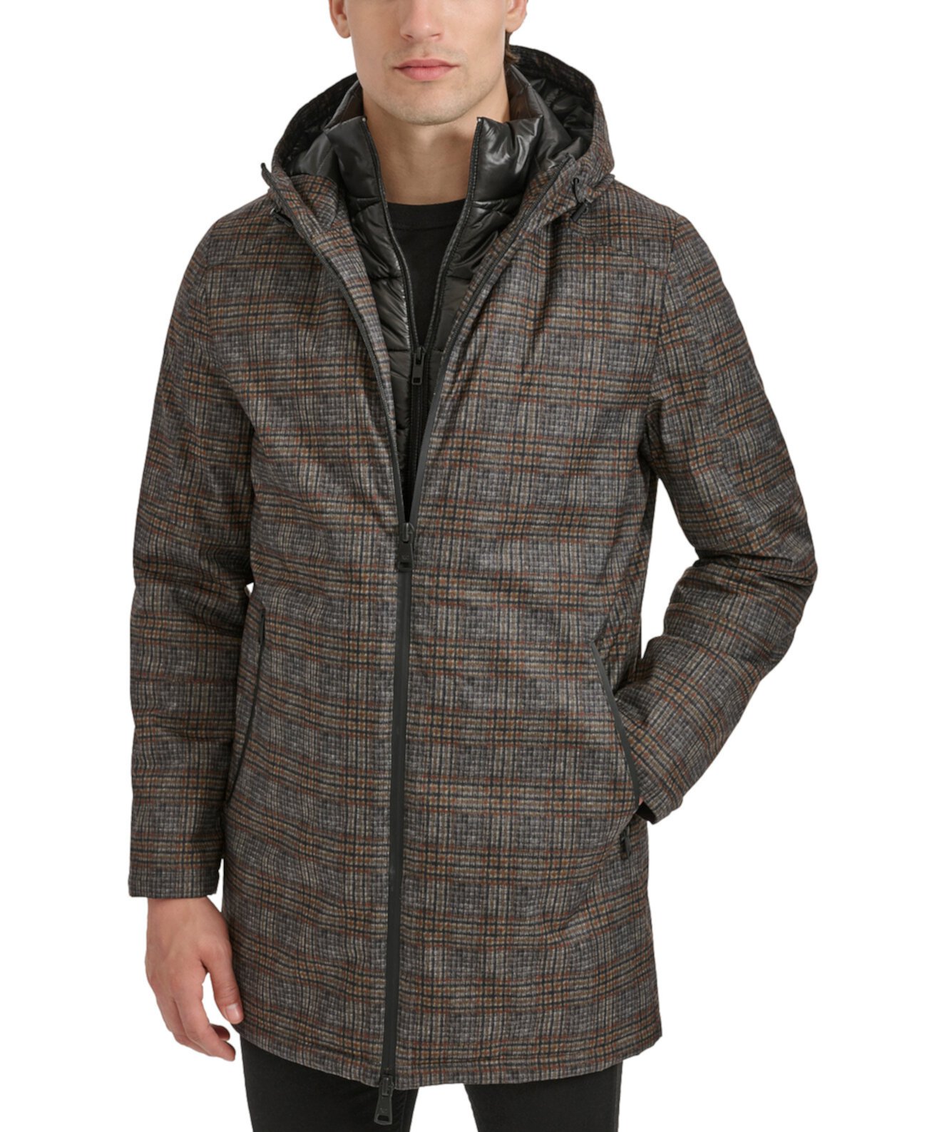 Men's Water-Resistant Hooded Stadium Coat with Removable Puffer Bib Kenneth Cole