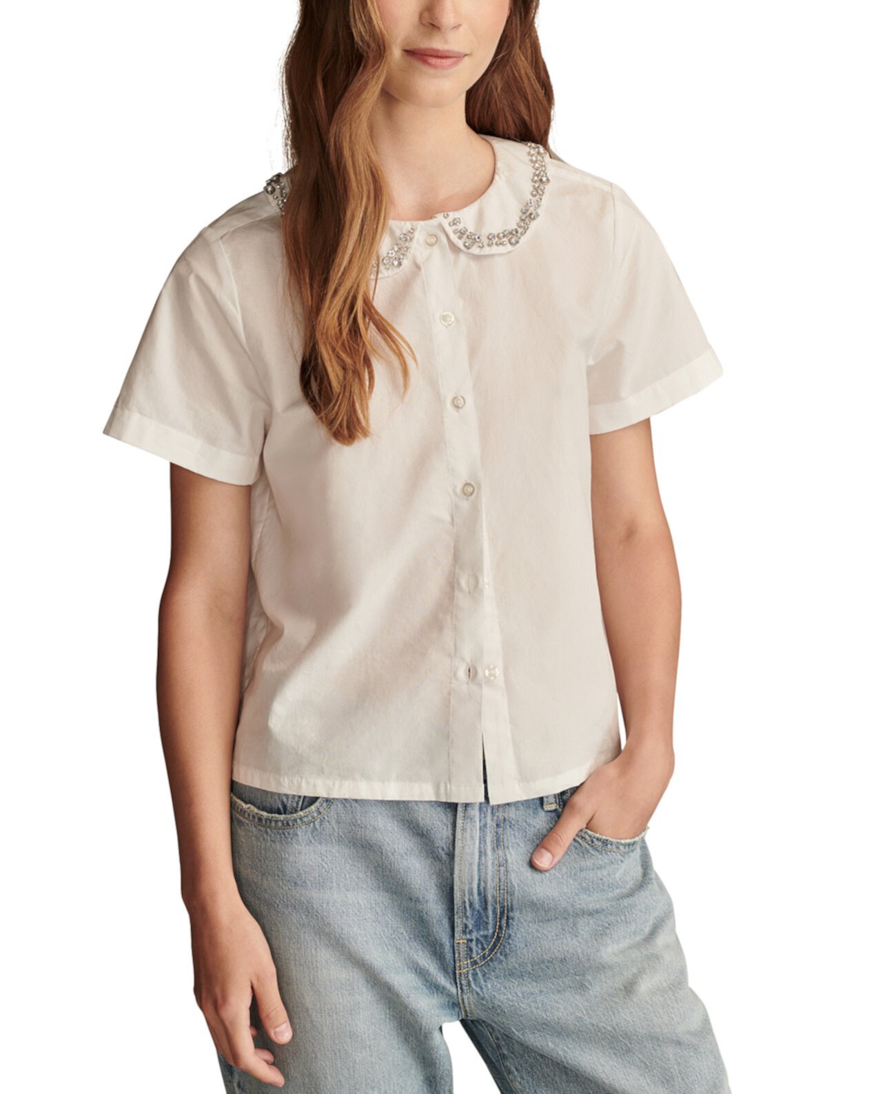 Women's Cotton Embellished Peter Pan Collar Shirt Lucky Brand