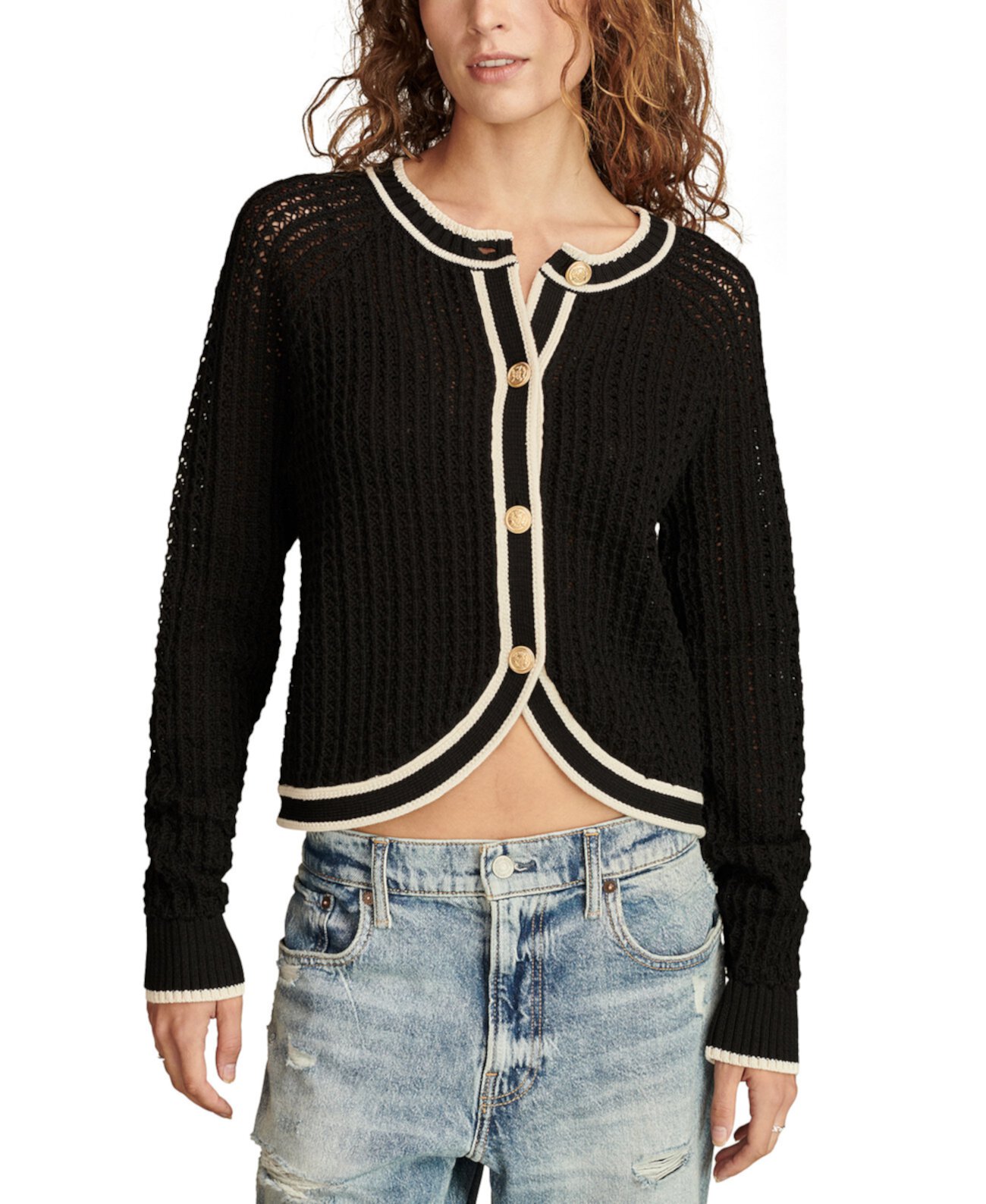 Women's Contrast-Trim Button-Front Sweater Jacket Lucky Brand