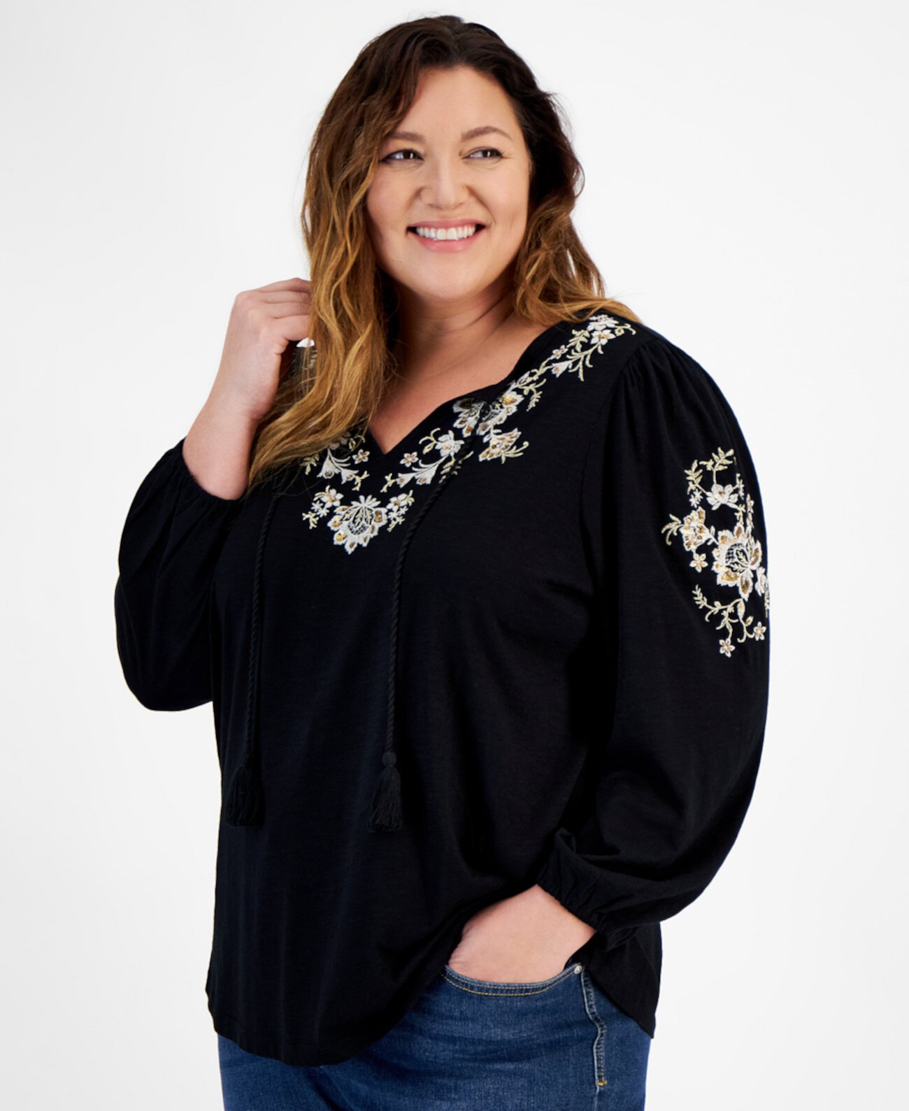 Plus Size Embroidered Tie-Neck Knit Top, Created for Macy's Style & Co