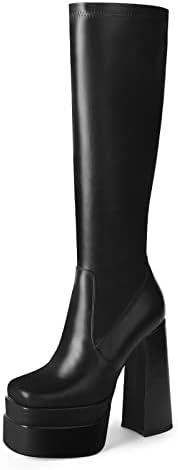 wetkiss Stacked Platform Knee High Boots for Women With High Chunky Heel, Gogo Boots for Women with Square Toe Side Zipper Stretch Boot Wetkiss