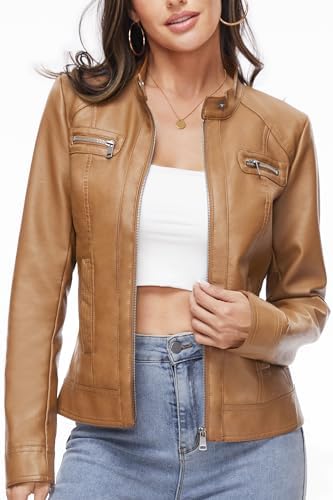 Fahsyee Zip Leather Jackets for Women Motorcycle Faux PU Moto Biker Outwear Coat Fahsyee