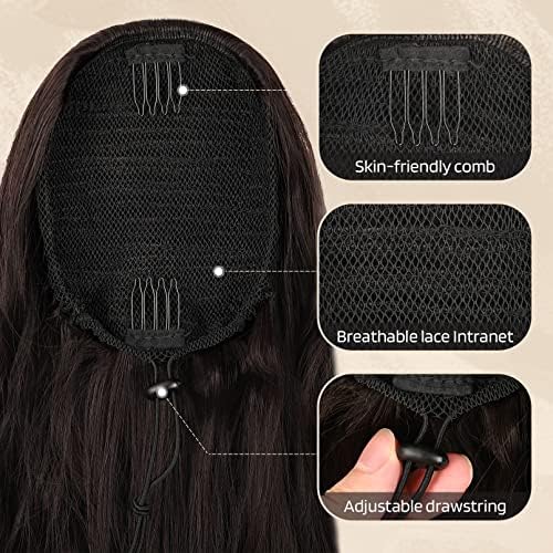 Flufymooz Ponytail Extension, 26 Inch Drawstring Ponytail Hair Extensions for Women，Long Curly Wavy Ponytail Natural Wavy Synthetic Hairpiece for Women Daily Use party (26 Inch Black Brown) Flufymooz