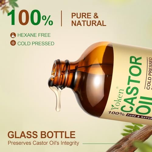 Yoken Castor Oil Organic EWG Verified 4oz Glass Bottle - 100% Pure, Cold Pressed, Hexane Free, Virgin Caster Oils for Face, Eyelash, Eyebrow, Hair - with Lash Starter Kit & Empty Roller Ball Bottle Yoken