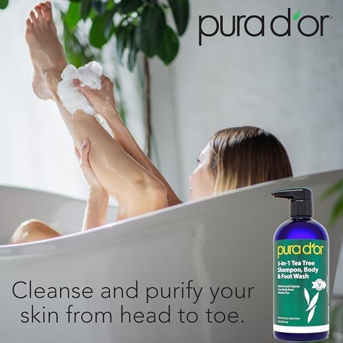 PURA D'OR 16 Oz 3-in-1 Tea Tree Shampoo, Body & Foot Wash, Shampoo - Total Body Care - Foot Odor & Daily Hygiene, Cleansing Routine, Post-Workout Refreshment - Soothes, Invigorates, Nourishes Pura D'Or