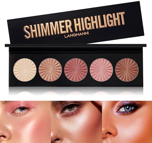 Highlighter Powder Palette, Makeup Palette Facial Bronzers Illuminator Palette Highlighter Baked Waterproof Long Lasting Brilliant Lighten Skin Color (5 Color, 1 Count (Pack of 1)) LANGMANNI