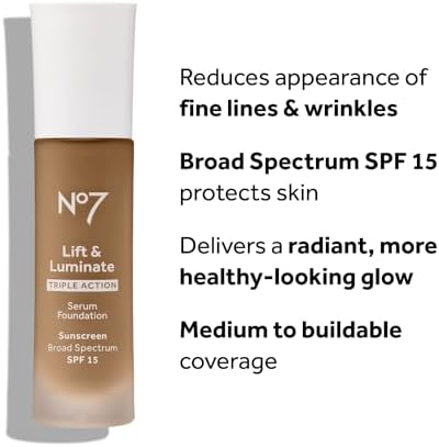 No7 Lift & Luminate Triple Action Serum Foundation - Porcelain - Liquid Foundation Makeup with SPF 15 for Dewy, Glowy Base - Radiant Serum Foundation for Mature Skin (30ml) No7