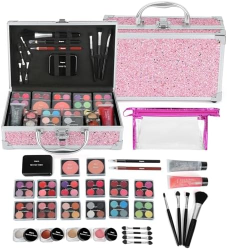 Anpro All-In-One Makeup Carry Case with Pro Teen Makeup Set, Full Starter Cosmetics Kit with Makeup Brushes, Lipsticks, Eye Shadows Palette, Blushes, Glitter Gel-Blue Leopard Anpro