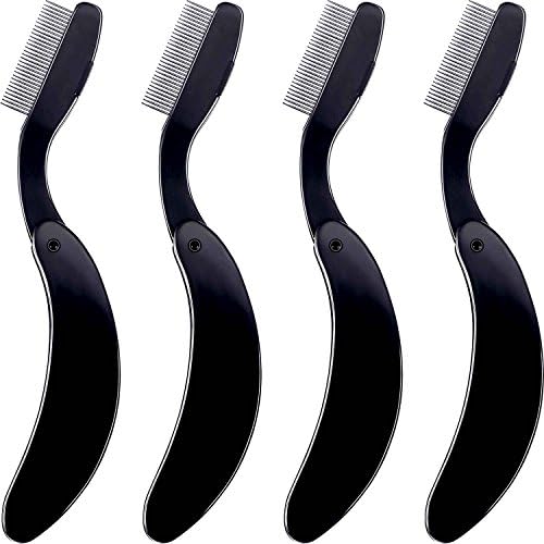 TecUnite 4 Packs Folding Eyelash Comb, Stainless Steel Teeth Eyebrow Comb Lash and Brow Makeup Brush (Black) TecUnite