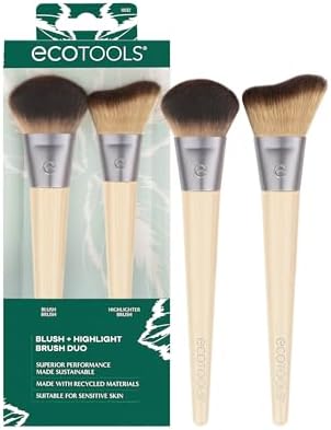 EcoTools Blush + Highlight Brush Duo, Makeup Brushes For Liquid (Жидкость), Cream, & Powder (Порошок) Highlight & Blush, Enhance Natural Skin, Eco-Friendly Makeup Brush Set, Synthetic Bristles, 2 Piece Set EcoTools