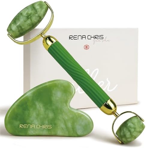 Rena Chris Face Roller & Gua Sha Set, Natural Jade Massage Tools for Jawline Sculpting and Puffiness Reducing, Beauty & Skincare Rena Chris