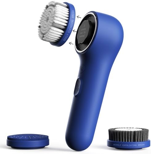 Spinning & V-Sonic Face Scrubber, NågraCoola 3.0 Facial Cleansing Brush, Waterproof & Rechargeable Face Scrub Brush for Men & Women with 3 Brushes, 3 Intensities, 2 Action Modes - Blue NågraCoola