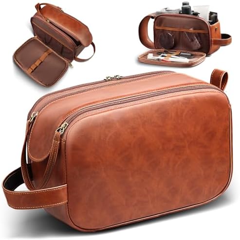 HOTOR Travel Toiletry Bag for Men - Leather Water Resistant Toiletries Organizer with Handle, Versatile Travel Cruise Ship Essentials, Brown, Medium Hotor