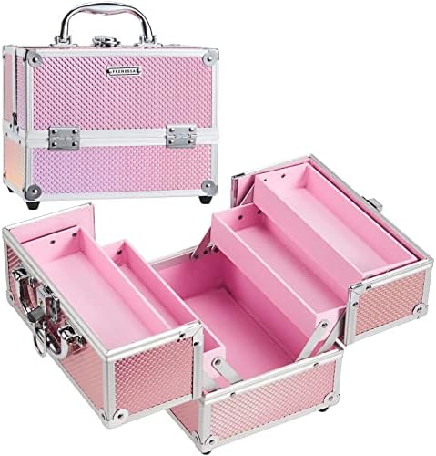 FRENESSA Makeup Train Case Beauty Cosmetic Box 4 Tier Trays Jewelry Storage Organizer with Lockable Pink Lining Perfect for Women and Girls - Mermaid Pink Frenessa