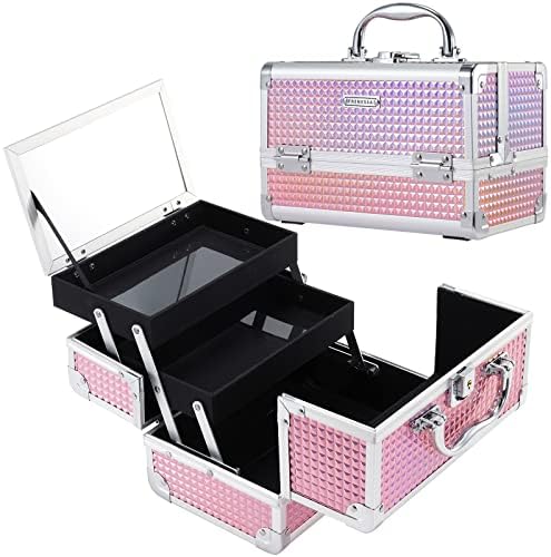 FRENESSA Makeup Train Case Cosmetic Case Organizer Portable Makeup Box 2 Trays with Lockable Mirror Makeup Storage Organizer for Girls Makeup Artist Makeup Tools Travel Makeup Case Glitter Pink Frenessa