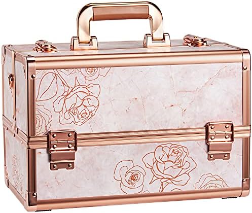 Joligrace Makeup Train Case Professional Cosmetic Organizer Aluminum Storage Box with 4 Adjustable Dividers Trays Lockable Portable with Shoulder Strap Joligrace