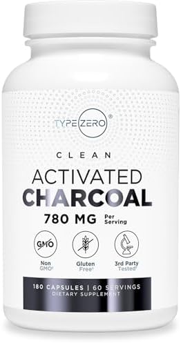 Type Zero Activated Charcoal Capsules (Капсулы) (180 Count) - 60 Servings (Порции), 780mg Per Serving (Порция), from Coconut Shell, Non-GMO, Gluten-Free Type Zero