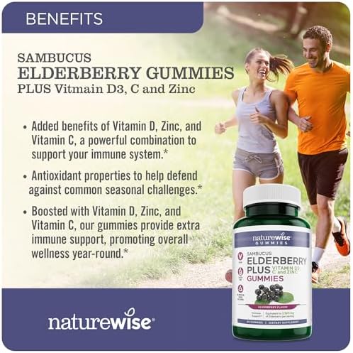 NatureWise Elderberry Gummies (Жевательные конфеты) with Vitamin C + D3 + Zinc - Equivalent to 3,250mg Premium Sambucus Elderberries - Immune Support for Kids* & Adults - Vegan, Non-GMO - 60 Count[1-Month Supply] NatureWise