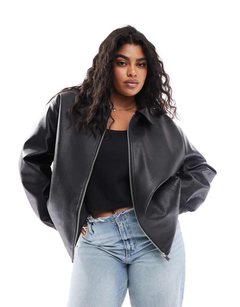 Черная куртка Harrington из искусственной кожи с молнией ASOS Curve ASOS Curve