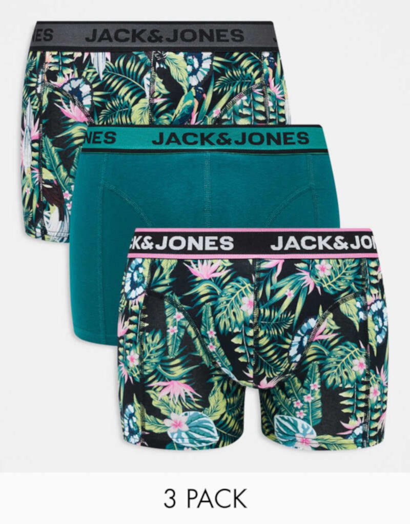 Мужские Боксеры Jack & Jones 3 упаковка с тропическим принтом в черном цвете Jack & Jones