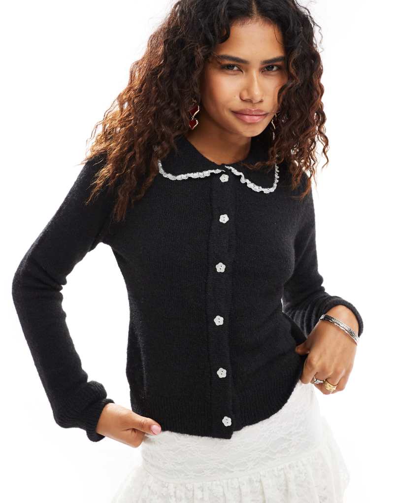 Motel Jaiko ruffle collar cardigan in black Motel