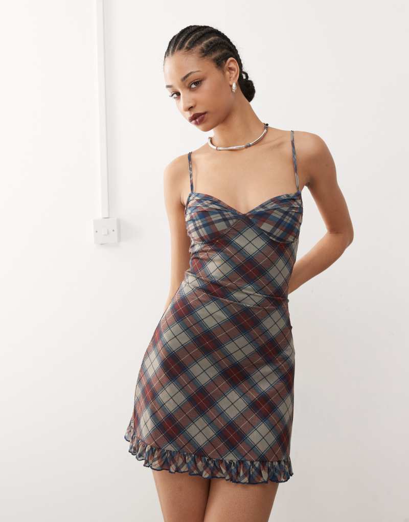 Motel zeinari check mesh mini cami dress in navy Motel