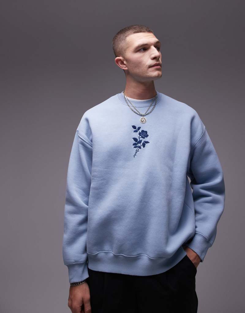 Мужская Толстовка Topman Oversized с Цветочной Вышивкой в Стиле Принтованного Голубого TOPMAN