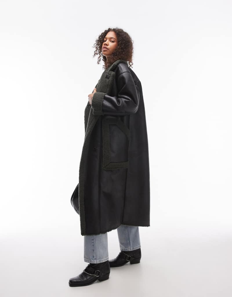 Женское Пальто Topshop Oversized Длинное Черно-Зеленое TOPSHOP