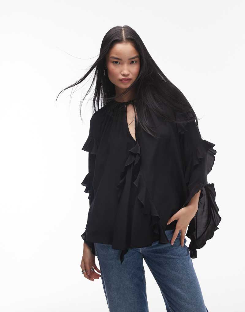 Женская Блузка TOPSHOP Ultra Femme Frill Top в Черном TOPSHOP