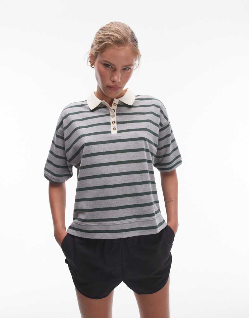 Женская Футболка Topshop Stripe Boxy Polo Tee в угольном цвете TOPSHOP