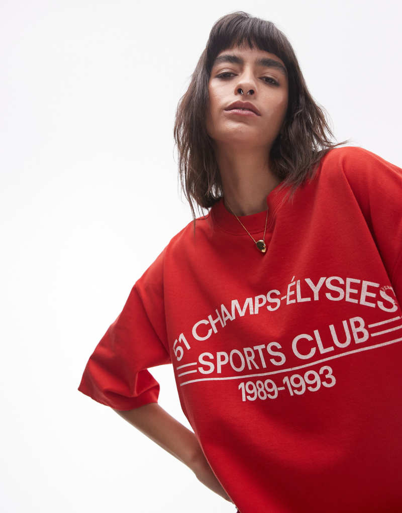 Женская Футболка TOPSHOP Champs Elysees oversized с графическим принтом в красном TOPSHOP