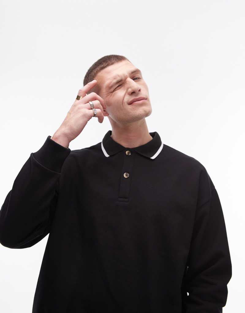 Мужская Толстовка Topman Oversized с Поло-Воротником в Черном Цвете TOPMAN