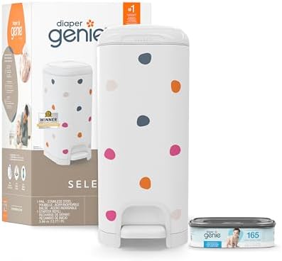 Diaper Genie Select Pail (Multi-Color Polka Dot) is Made of Durable Stainless Steel and Includes 1 Starter Square Refill That can Hold up to 165 Newborn-Sized Diapers. Diaper Genie