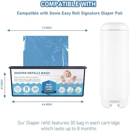 Diaper Pail Refills Bags with 30 Bags Compatible with Genie Easy Roll Signature Diaper Pails, Lasts Up to 8 Months, 7-Layer Odor-Barrier Technology, Pack of 3 (90 Bags) Fununcat