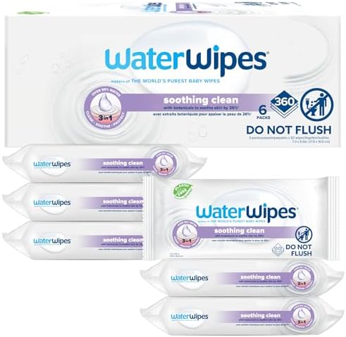 WaterWipes Soothing Clean Baby Wipes, 99% Water-Based Formula with Botanical Extract to Soothe & Protect Skin, Unscented & Hypoallergenic, 60 Count (1 Pack) WaterWipes