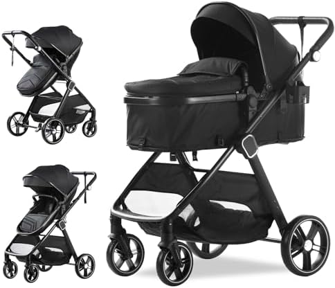 Trenana 2-in-1 Convertible Baby Stroller with Bassinet Mode - Foldable Infant Toddler Newborn Pram Stroller - with Footmuff,Cup Holder & Large Storage Large Wheels,Reversible Bassinet Stroller(Black) Trenana