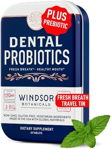 Dental Probiotics for Teeth and Gums - 3BN CFU Lactobacillus Salivarius Acidophilus Casei Paracasei Tablets - Oral Health Probiotics for Mouth & Bad Breath - 45 Chewable Dental Probiotic in a Tin Windsor Botanicals