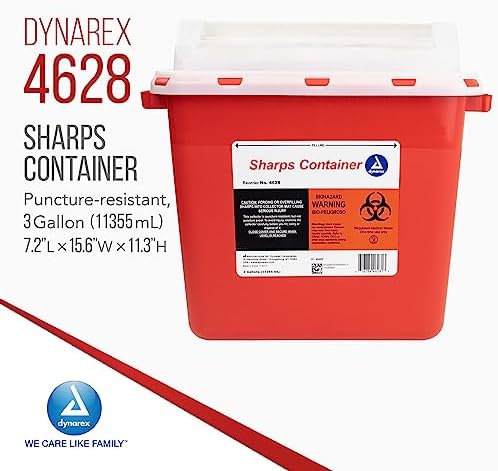 Dynarex D4628 Sharp Container, Provides a Safe Disposal of Medical Waste and Needles, Non-Sterile & Latex-Free, 3 Gallons, Made with Thermoplastic, Red, Pack of 12 Dynarex