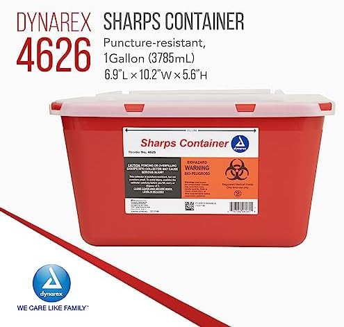 Dynarex 4626 Sharp Container, Provides a Safe Disposal of Medical Waste and Needles, Non-Sterile & Latex-Free, 1 Gallon, Made with Thermoplastic, Red with a Transparent Lid, Pack of 24 Dynarex