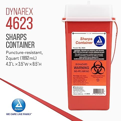 Dynarex D4623 Sharp Container, Provides a Safe Disposal of Medical Waste and Needles, Non-Sterile & Latex-Free, 2 Quarts, Made with Thermoplastic, Red, Pack of 60 Dynarex