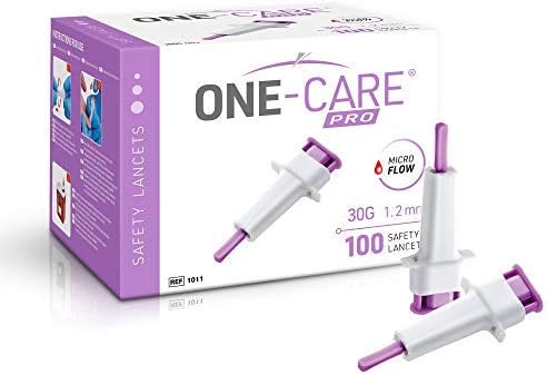 MediVena ONE-CARE PRO Safety Lancets, Top Push Button Activated, 30G x 1.2mm, 100/bx, Sterile, Gentle & Comfortable Sampling ONE-CARE