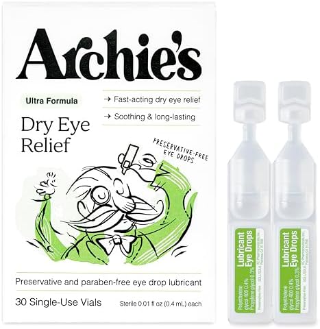 Archie's Remedies, Dry Eye Relief, Ultra Lubricating Eye Drops, Clean Formula and Preservative-Free Vials, Single-Use, for Irritation and Red Eyes, Natural Tears, 30 Count Archie's Remedies