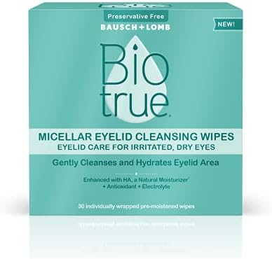 Biotrue Micellar Eyelid Care for Irritated and Dry Eyes Cleansing Wipes, from Bausch + Lomb, Multi, 30 Count Biotrue